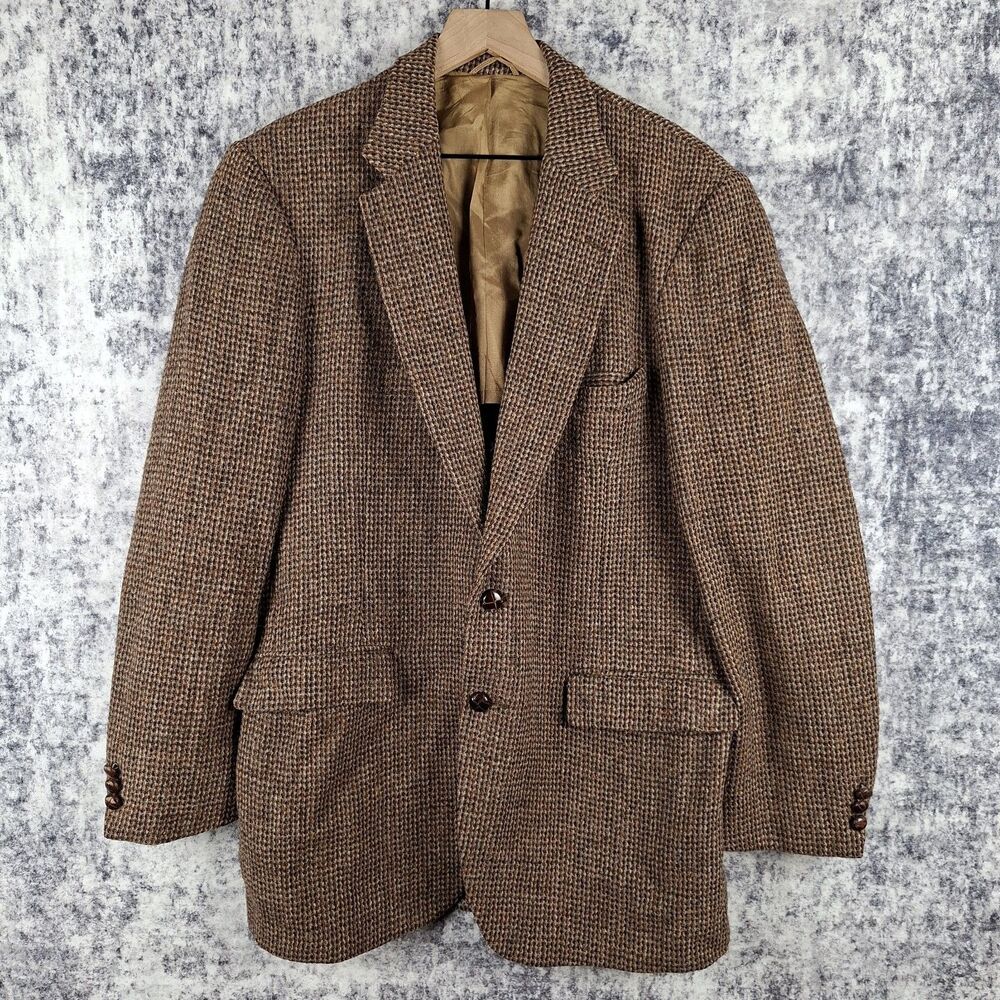 Vintage Harris Tweed Blazer Mens 42 LNG Plaid Twill 70's Scottish Wool Brown